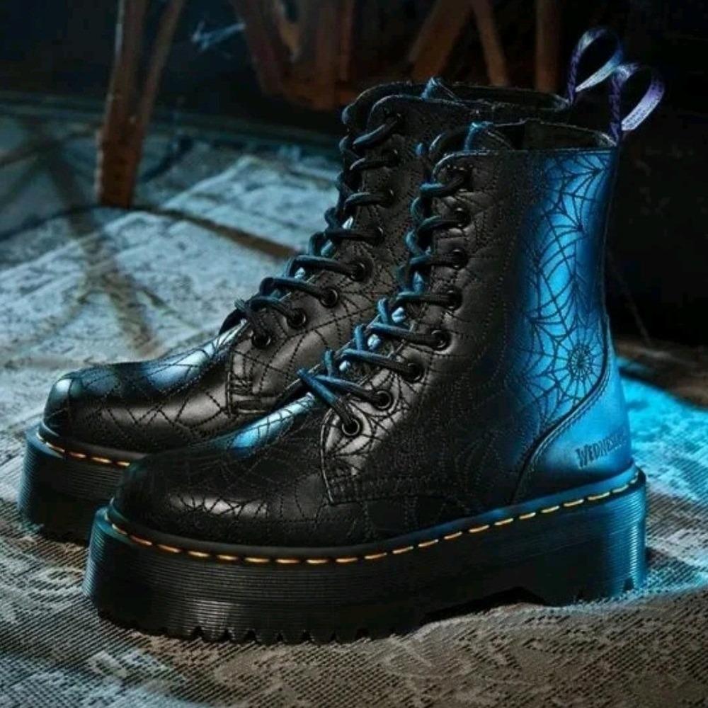 Dr. Martens Jadon Wednesday Addams Boots Womens 7 Black Spiderweb Nappa Lux New - Picture 2 of 15